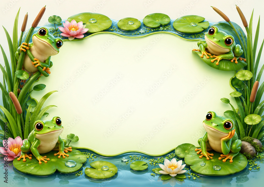 Fototapeta premium Cute frog pond frame with lily pads, water lilies, reeds and blank center, ideal for children’s designs, nature cards and playful templates.
