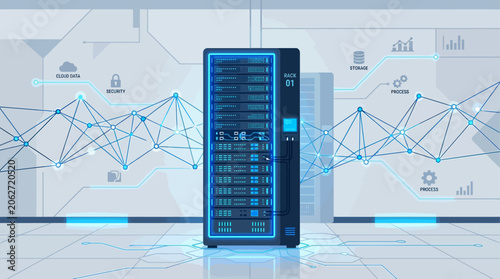 This flat design illustration showcases a modern data center server rack, emphasizing robust digital infrastructure and high-tech information storage.