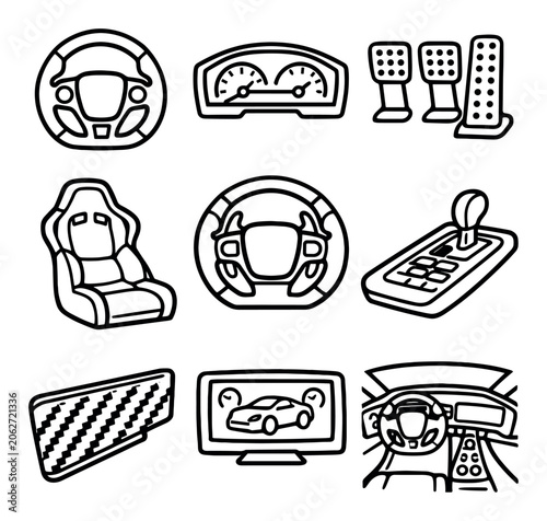 Automotive and car interior vector icons with steering wheel, pedals and speedometer for dashboard design in outline style