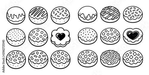 Dessert and pastry concept icons with donut, cookie and pie for bakery marketing in outline style