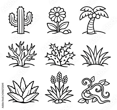 Nature and plants concept icons with cactus, flower and palm tree for infographic design in outline style