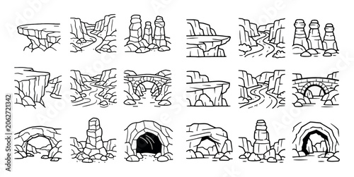 Rock formations and caves vector icons with cliffs, bridge and tunnel for web design in outline style