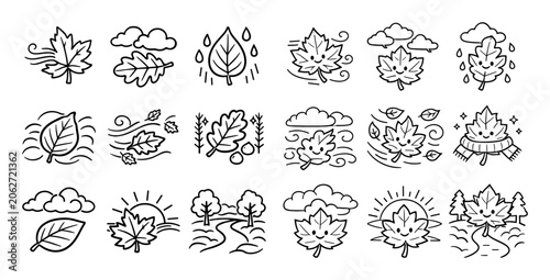 Nature and weather vector icons with leaf, cloud and rain drops for mobile app design in outline style