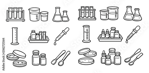 Laboratory and chemistry design icons with test tubes, beakers and droppers for infographic branding in outline style