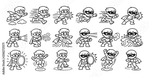 Superhero and action vector icons with flying, punching and shield for comic presentation design in outline style