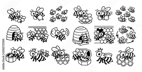 Bees and honeycomb vector icons with bee hive, honey jar and queen bee for presentation illustration in outline style