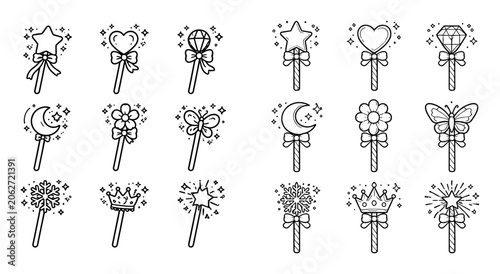 Magical and decorative concept icons with star wand, heart wand and crown wand for infographic design in outline style