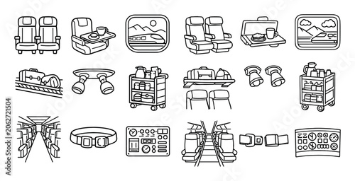 airplane and flight design icons with seat, tray table and cockpit for presentation design in outline style