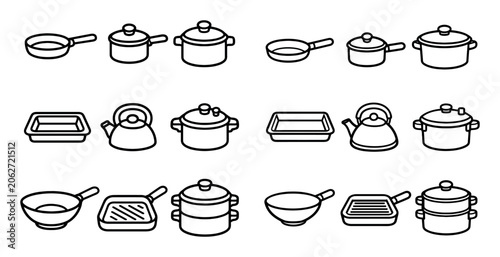 kitchen and cooking design icons with frying pan, kettle and pot for infographic design in outline style