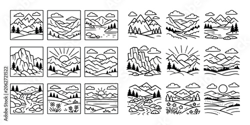 Mountains and landscapes vector icons with peaks, sun and river for presentation design in outline style