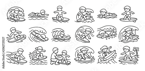 Surfing and beach vector icons with boy, wave and surfboard for presentation design in minimal outline style