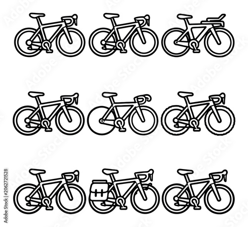 Bicycle and transportation vector icons with road bike, mountain bike and touring bike for web app design in outline style