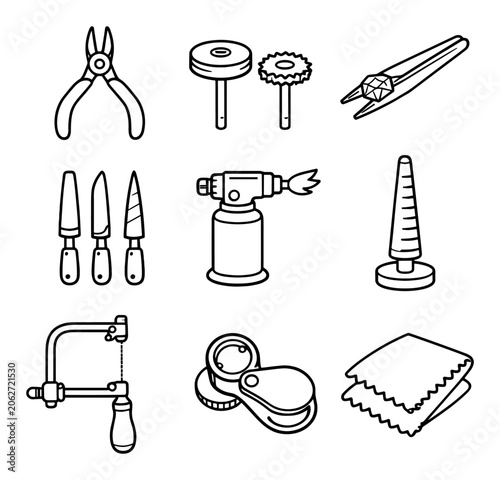 Jewelry making and crafting vector icons with pliers, torch and polishing cloth for artisan workshop design in outline style