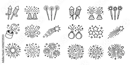 Celebration and fireworks vector icons with rockets, sparklers and starbursts for event marketing in outline design