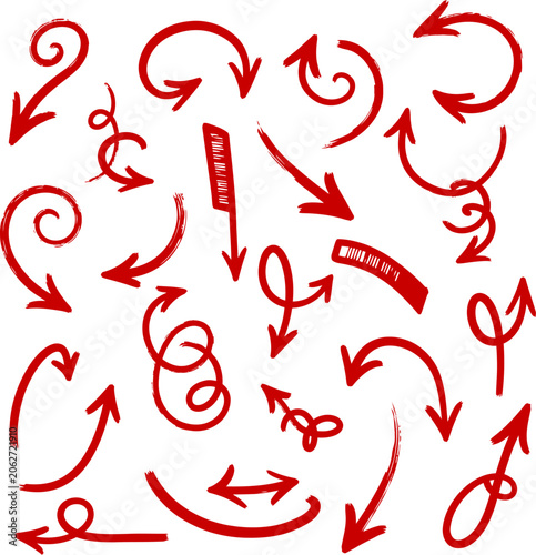 Fotografie Collection of hand drawn red arrows and scribble elements for design