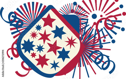 Stars and fireworks create a festive patriotic emblem with red and blue ribbons on a clean background.