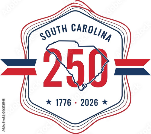 South Carolina state emblem marks the 250th anniversary of independence with a central map outline and patriotic red and blue line art.