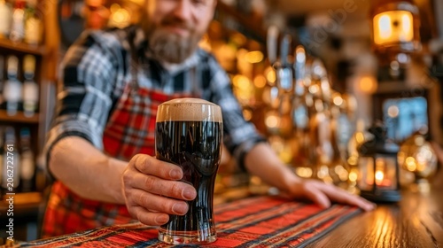 Bartender in Traditional Irish Pub Serving a Dark Beverage at the Bar with Warm Atmosphere and Cozy Setting
