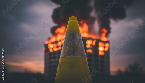 Yellow Safety Cone Stands Before a Building Engulfed in Flames
