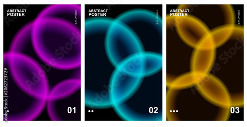 Abstract Posters Collection Vector Template with Glowing Blur Rings on Black Background for Modern Cover Designs