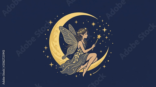 Fairy sitting on crescent moon with wand