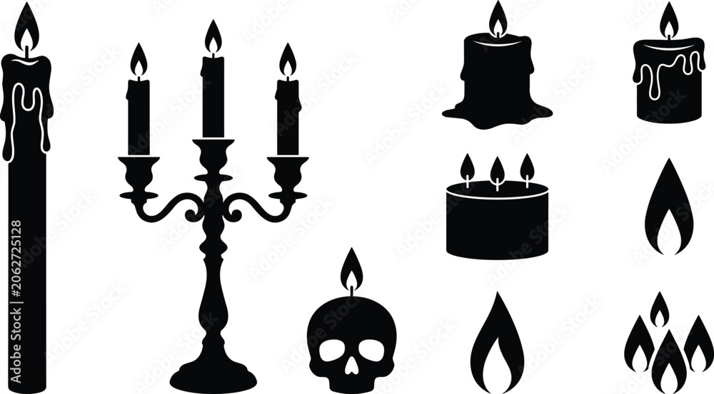 Naklejka premium Gothic Candle and Candelabra Black Silhouette Vector Icon Set with Flaming Skull, Wax Drips, and Fire Element Illustrations for Halloween and Spooky Magic Designs