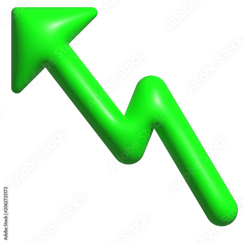3D green upward pointing zigzag arrow, glossy rounded growth trend icon, financial success and profit concept, isolated illustration
