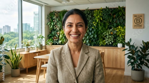 Professional Woman Smiling in Modern Office with Green Plant Wall with Workplace Interior, Indoor Plants, Happy Employee, Business Portrait, Natural Light and Contemporary Workspace