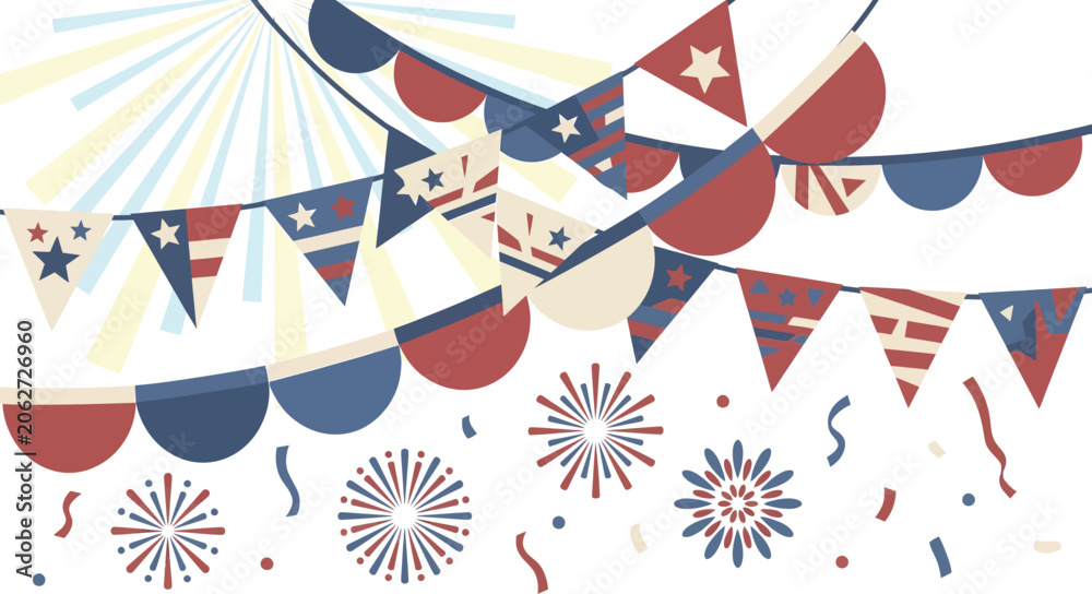 Obraz premium Bunting flags and fireworks create a vibrant display for a national holiday or public celebration.