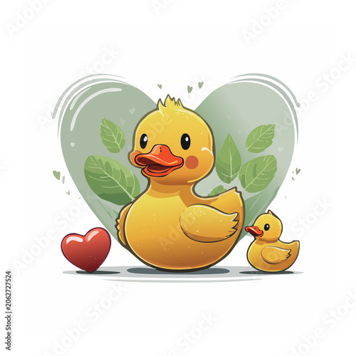 Cute cartoon rubber duck with duckling and heart