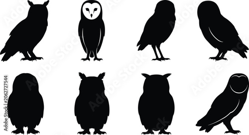 Owl Silhouette Set with Barn Owl, Horned Owl, and Night Bird Vectors for Halloween Graphics, Nature Designs, Wildlife Logos, and Spooky Decorative Patterns