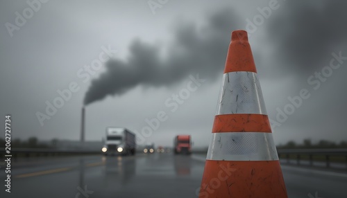 Orange traffic cone on a wet highway with industrial pollution in the background