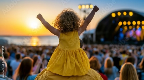Silhouette of a Child Sitting on Shoulders Watching a Beautiful Sunset at an Outdoor Concert Event
