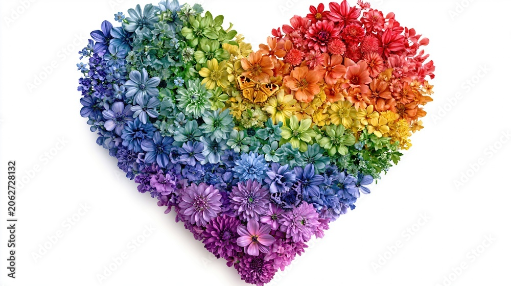 Naklejka premium Vibrant Rainbow Heart Made of Diverse Flowers on White Background Symbolizing Love and Pride