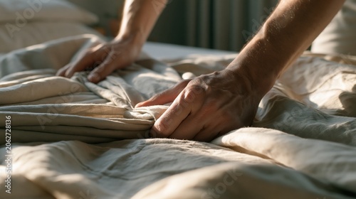 Close-up of hands smoothing and tidying a rumpled linen duvet cover on a bed with natural light