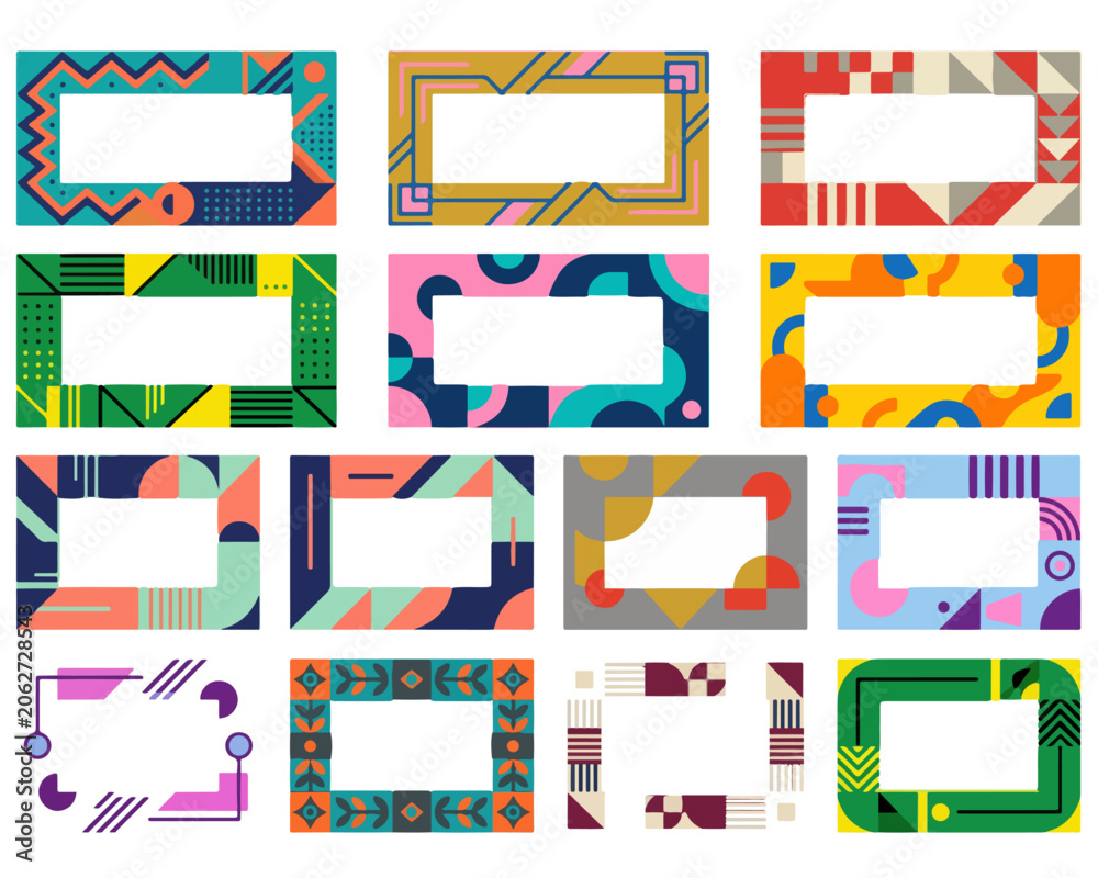 Obraz premium Geometric Frames Collection: A vibrant collage showcases a dozen unique, colorful, and abstract geometric frames, perfect for adding a modern and artistic touch to designs and presentations.