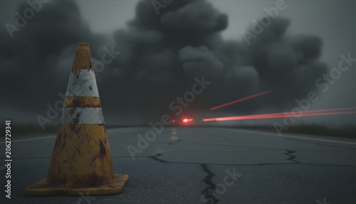 Cautionary Yellow Cone on Road with Smoky Haze and Red Light Streaks
