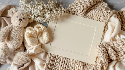 Soft Neutral Baby Keepsake Flat Lay with Teddy Bear, Knitted Booties, and Blank Frame for Announcement
