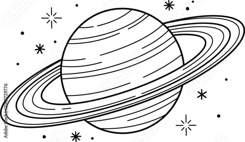 Foto Saturn planet with rings in space with stars, hand drawn vector illustration