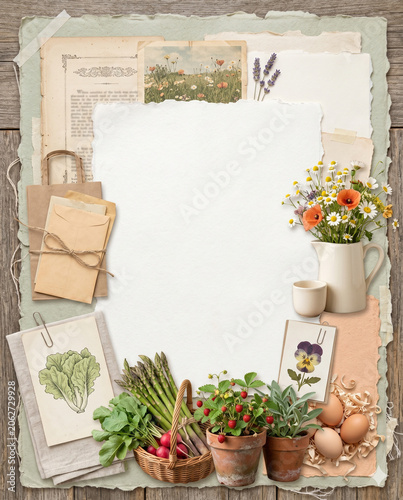 Spring Kitchen Garden Mood Board with Fresh Vegetables, Herbs and Wildflowers, Vertical Copy Space for Cottagecore and Seasonal Farm Branding