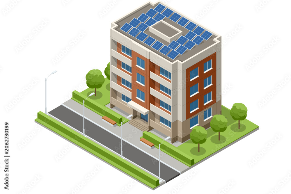 Fototapeta premium Isometric apartment building with solar panels, road, sidewalk and trees in a clean urban block. Modern residential architecture illustrates sustainable housing and eco city development