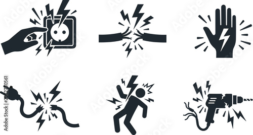 Valokuva Electrical Shock Hazard Warning Icon Set with High Voltage Accidents Damaged Wir