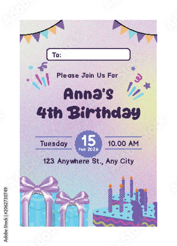 Cute kids birthday invitation card template with cake, gift boxes and purple pastel background
