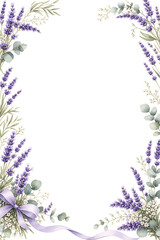 Purple lavender flowers and green leaves form a decorative border with a ribbon