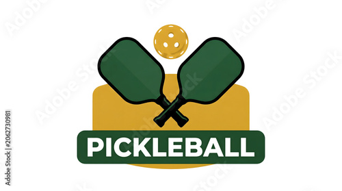 Pickleball Logo with Green Paddles and Yellow Ball on Black Background with Text Overlay