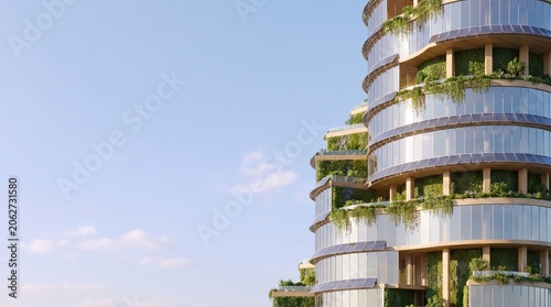 Futuristic eco-friendly smart city building with green vertical gardens and copy space
