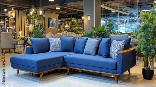 Blue fabric sofa with wooden legs and armrests, placed in the showroom of a home furniture store, with plants