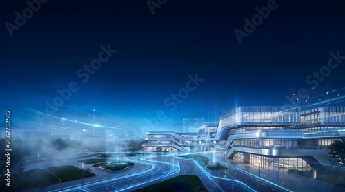 Futuristic corporate office building complex illuminated by glowing digital data streams representing smart city tech