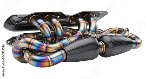 High-performance racing car exhaust manifold with titanium pipes and carbon fiber heat shields, automotive performance parts
