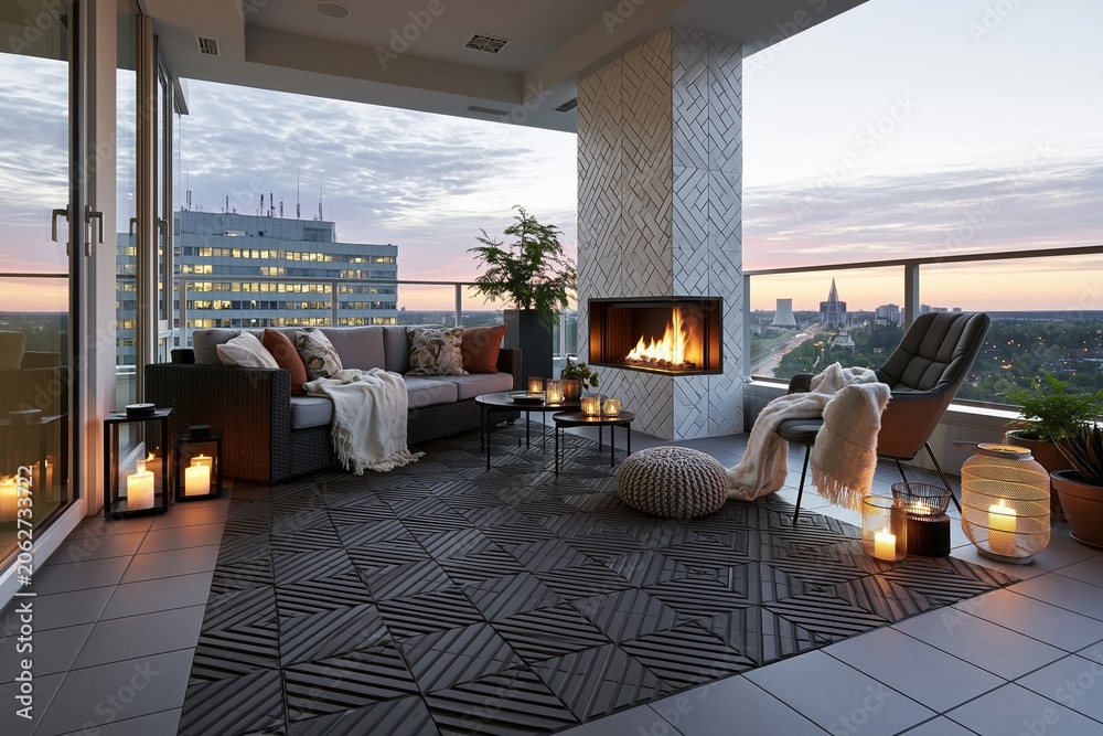 Fototapeta premium Luxury modern penthouse terrace with fireplace and city views at dusk